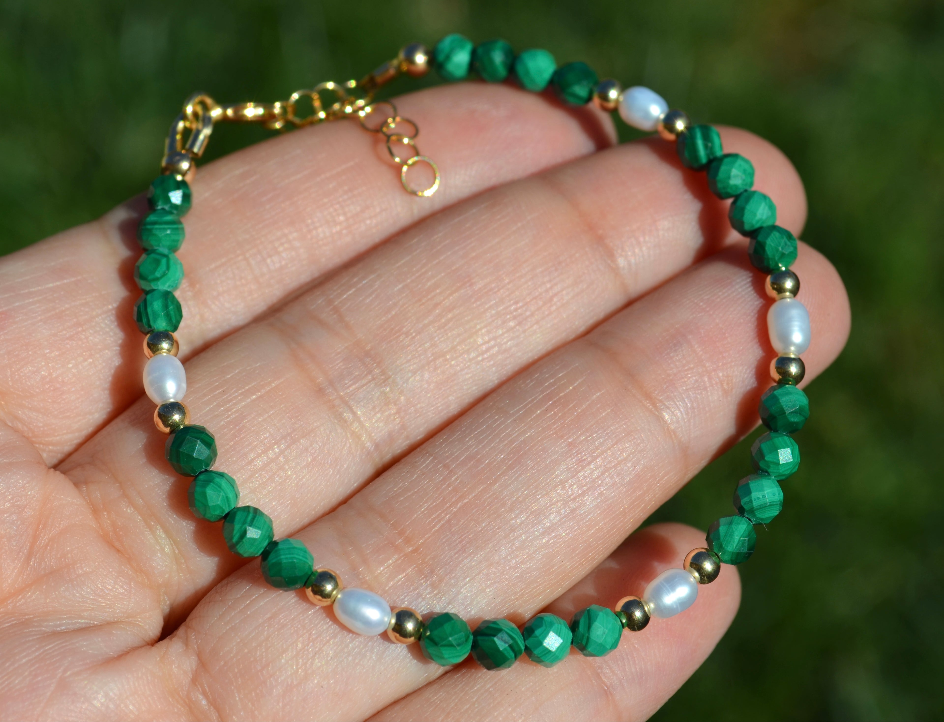 14k Gold Filled Malachite and Freshwater Pearl Bracelet
