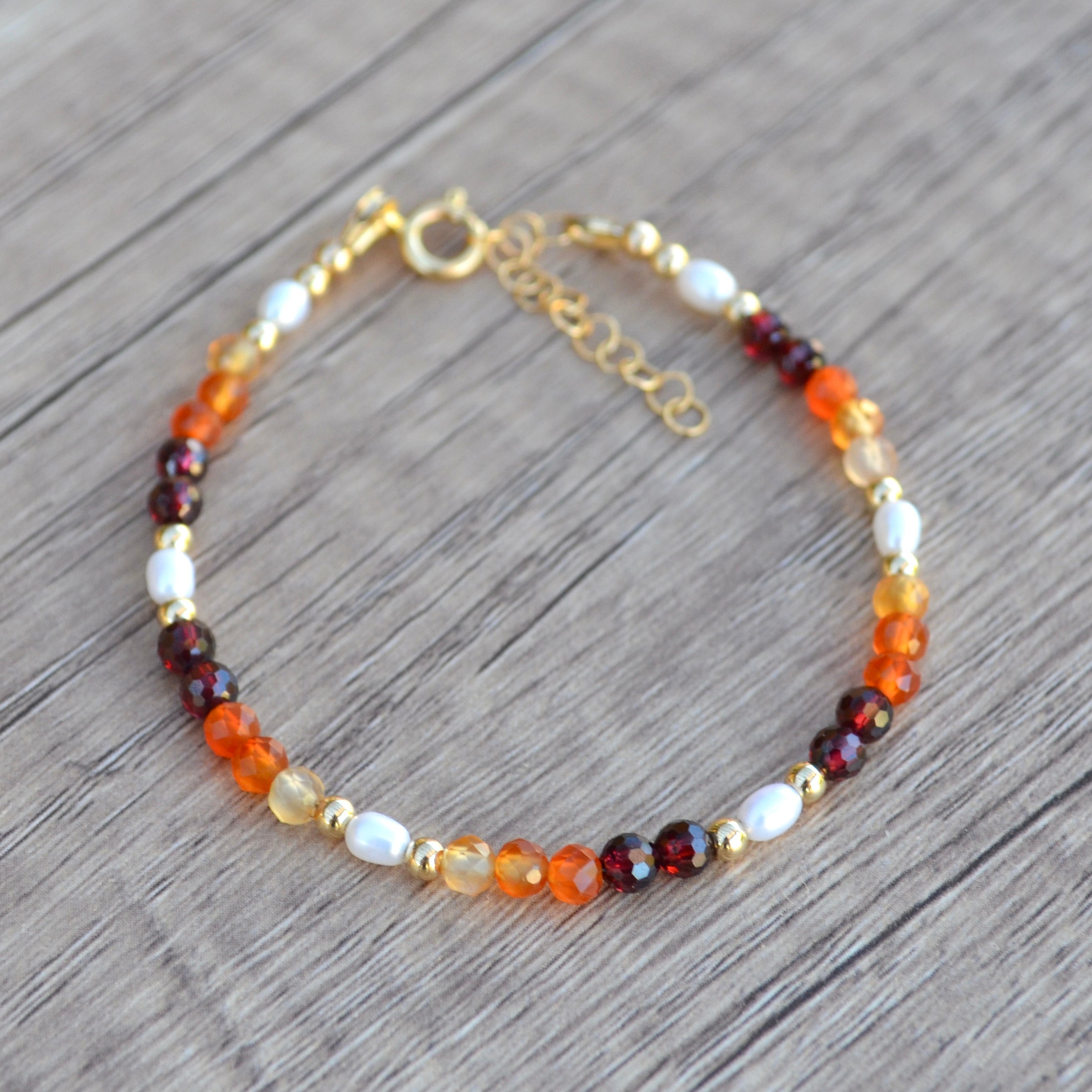14k Gold Filled Carnelian, Garnet , and Pearls Bracelet