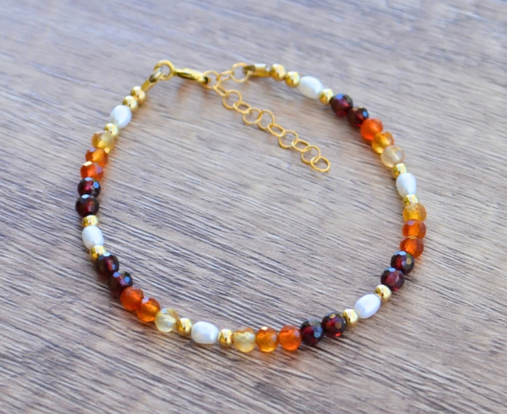 14k Gold Filled Carnelian, Garnet , and Pearls Bracelet