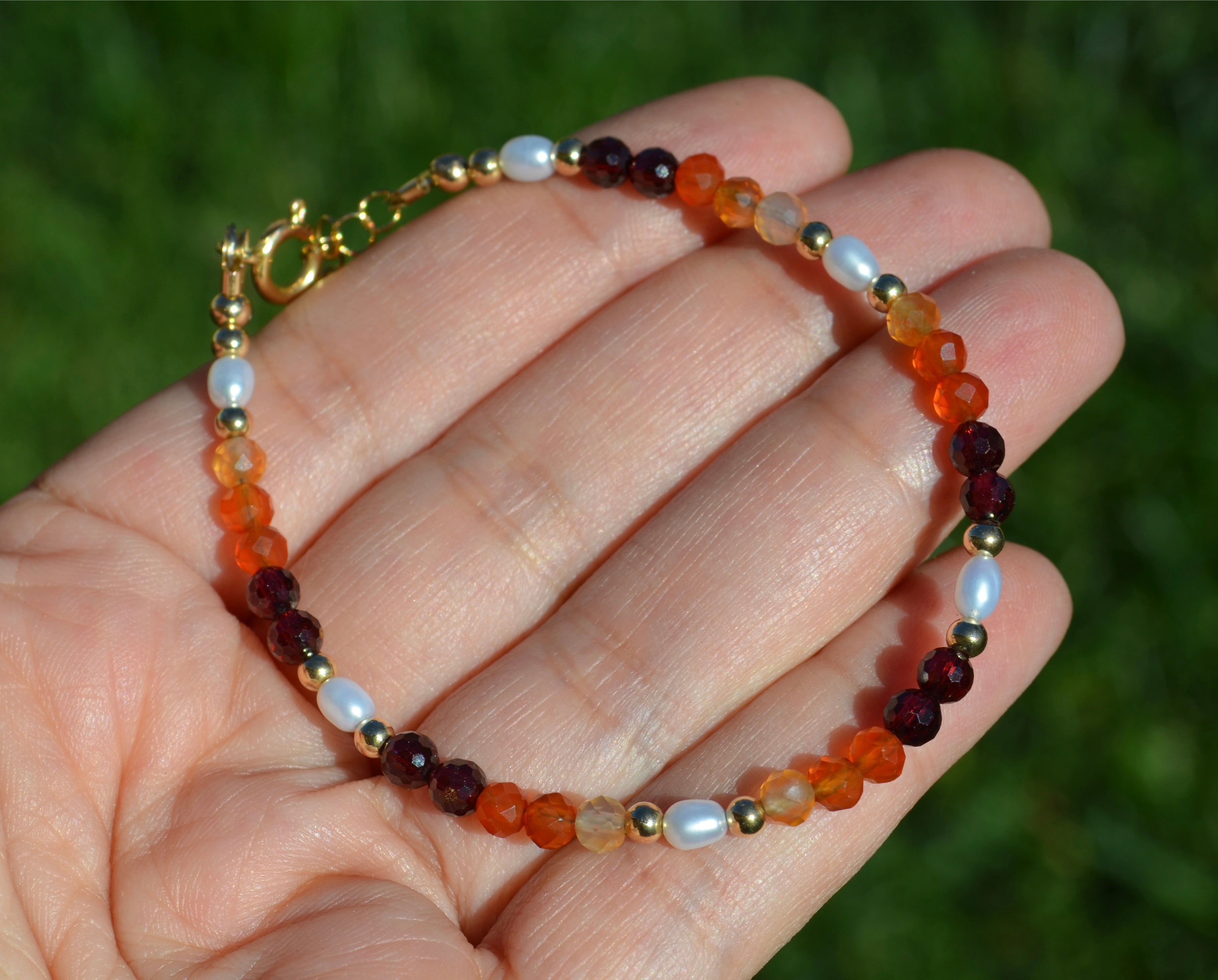 14k Gold Filled Carnelian, Garnet , and Pearls Bracelet